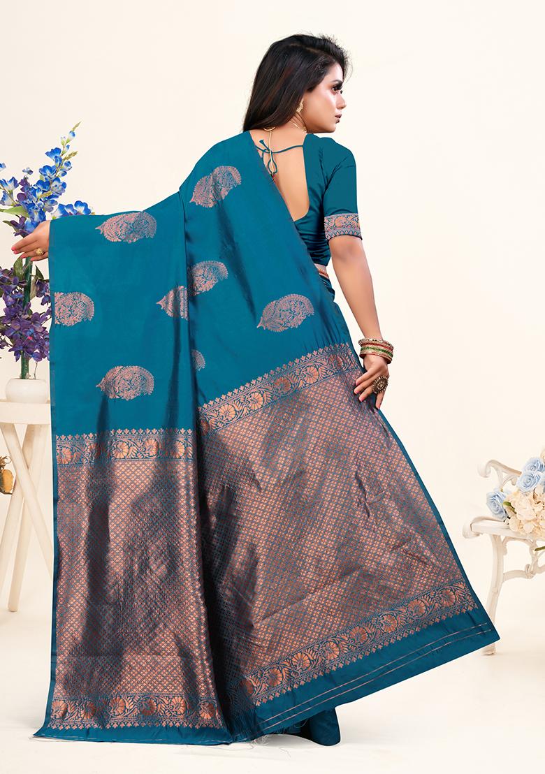 Rama Blue Jacquard Silk Saree Set