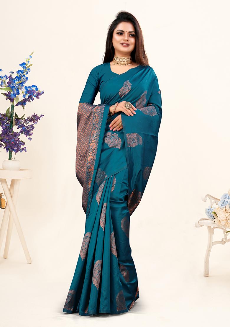 Rama Blue Jacquard Silk Saree Set