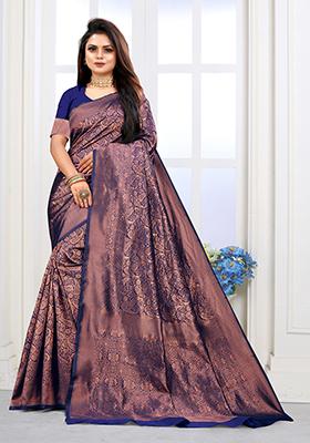 Navy Blue Jacquard Silk Saree Set