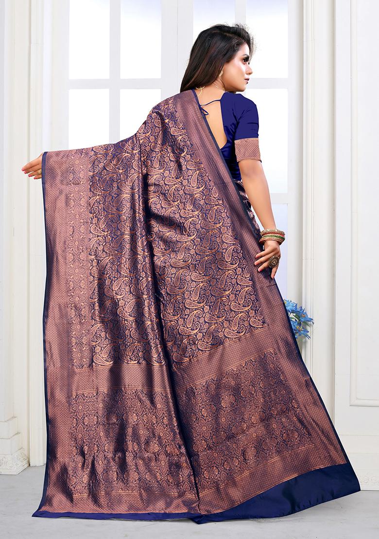Navy Blue Jacquard Silk Saree Set