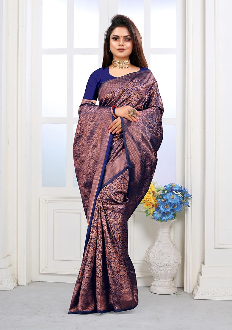 Navy Blue Jacquard Silk Saree Set