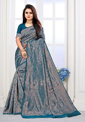 Rama Blue Jacquard Silk Saree Set