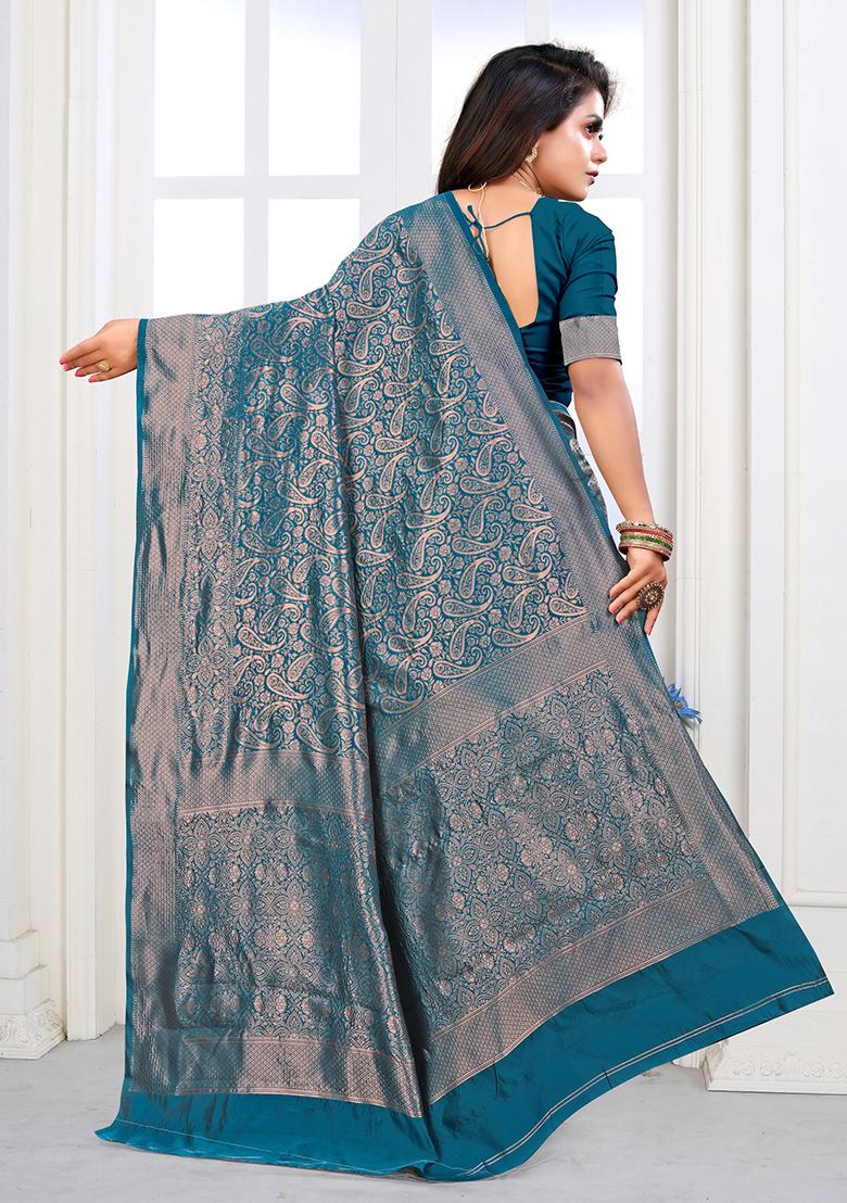 Rama Blue Jacquard Silk Saree Set