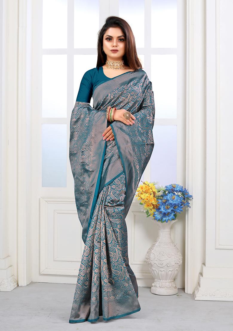 Rama Blue Jacquard Silk Saree Set