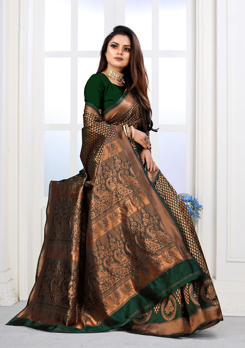 Bottle Green Jacquard Silk Saree Set