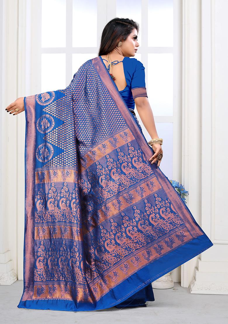 Royal Blue Jacquard Silk Saree Set