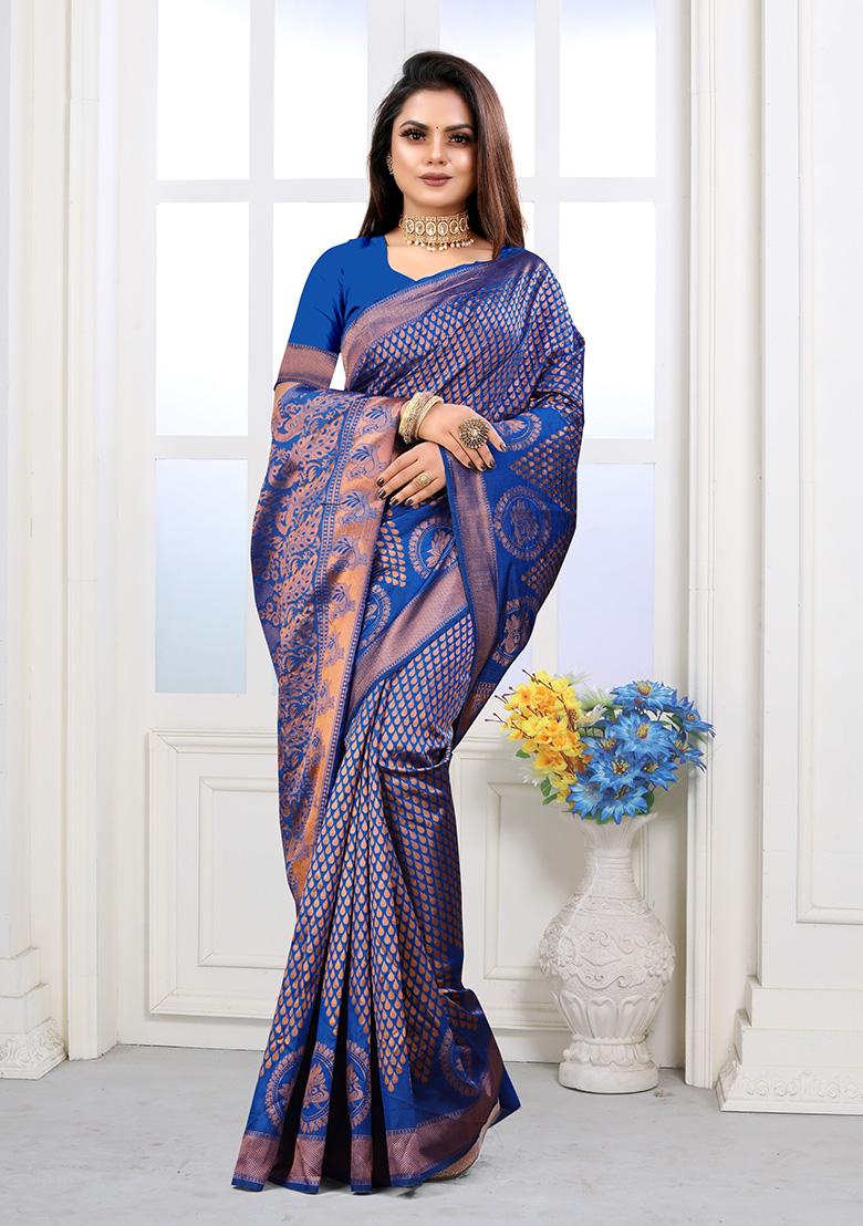 Royal Blue Jacquard Silk Saree Set