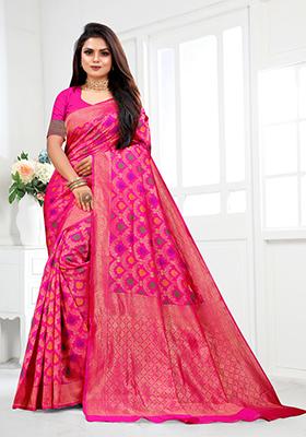 Pink Jacquard Silk Saree Set
