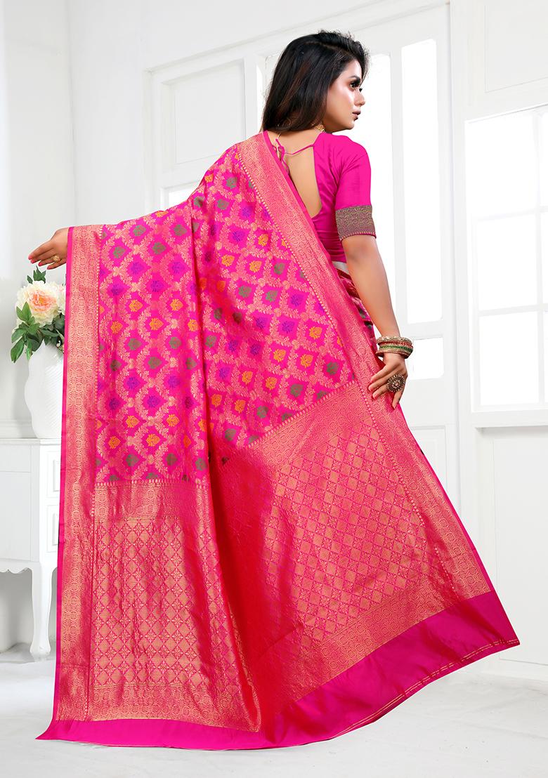 Pink Jacquard Silk Saree Set