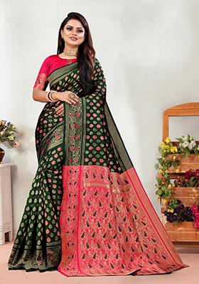 Bottle Green Jacquard Silk Saree Set