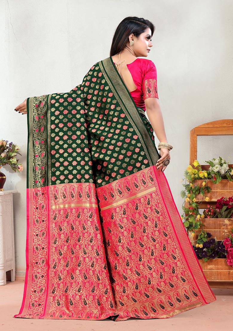 Bottle Green Jacquard Silk Saree Set