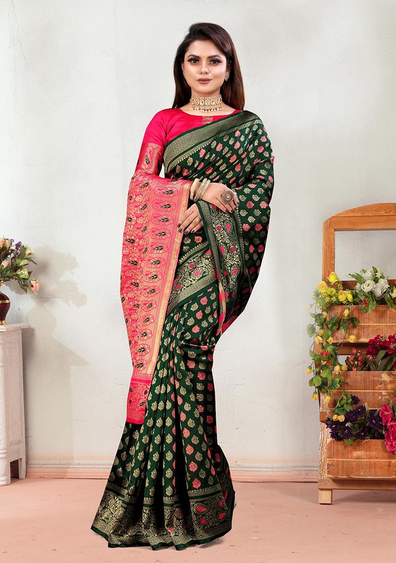 Bottle Green Jacquard Silk Saree Set