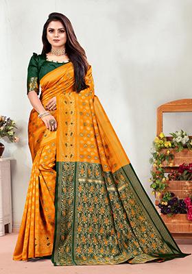 Mustard Yellow Jacquard Silk Saree Set