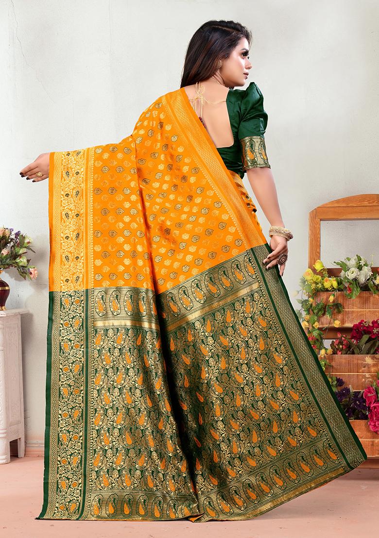 Mustard Yellow Jacquard Silk Saree Set