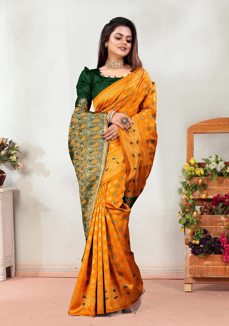 Mustard Yellow Jacquard Silk Saree Set