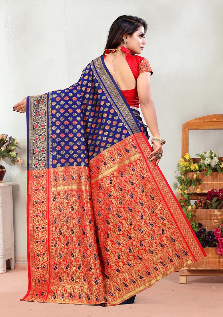 Navy Blue Jacquard Silk Saree Set