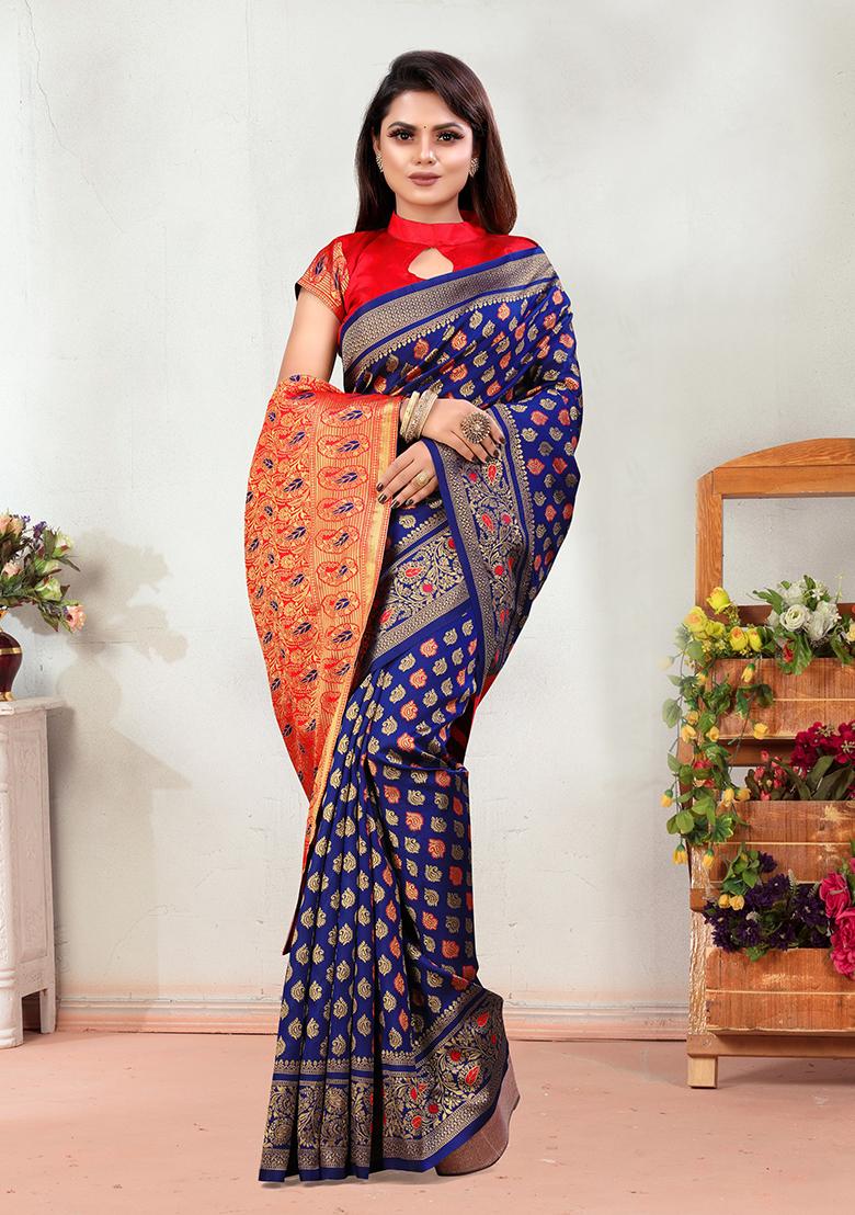 Navy Blue Jacquard Silk Saree Set