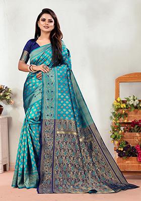 Rama Blue Jacquard Silk Saree Set