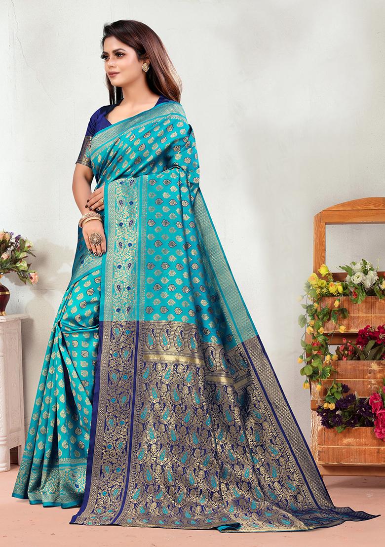 Rama Blue Jacquard Silk Saree Set