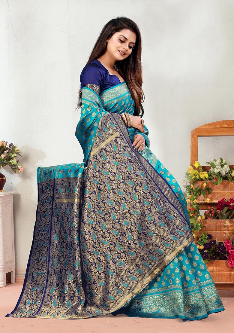 Rama Blue Jacquard Silk Saree Set