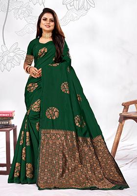 Bottle Green Jacquard Silk Saree Set