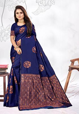 Navy Blue Jacquard Silk Saree Set