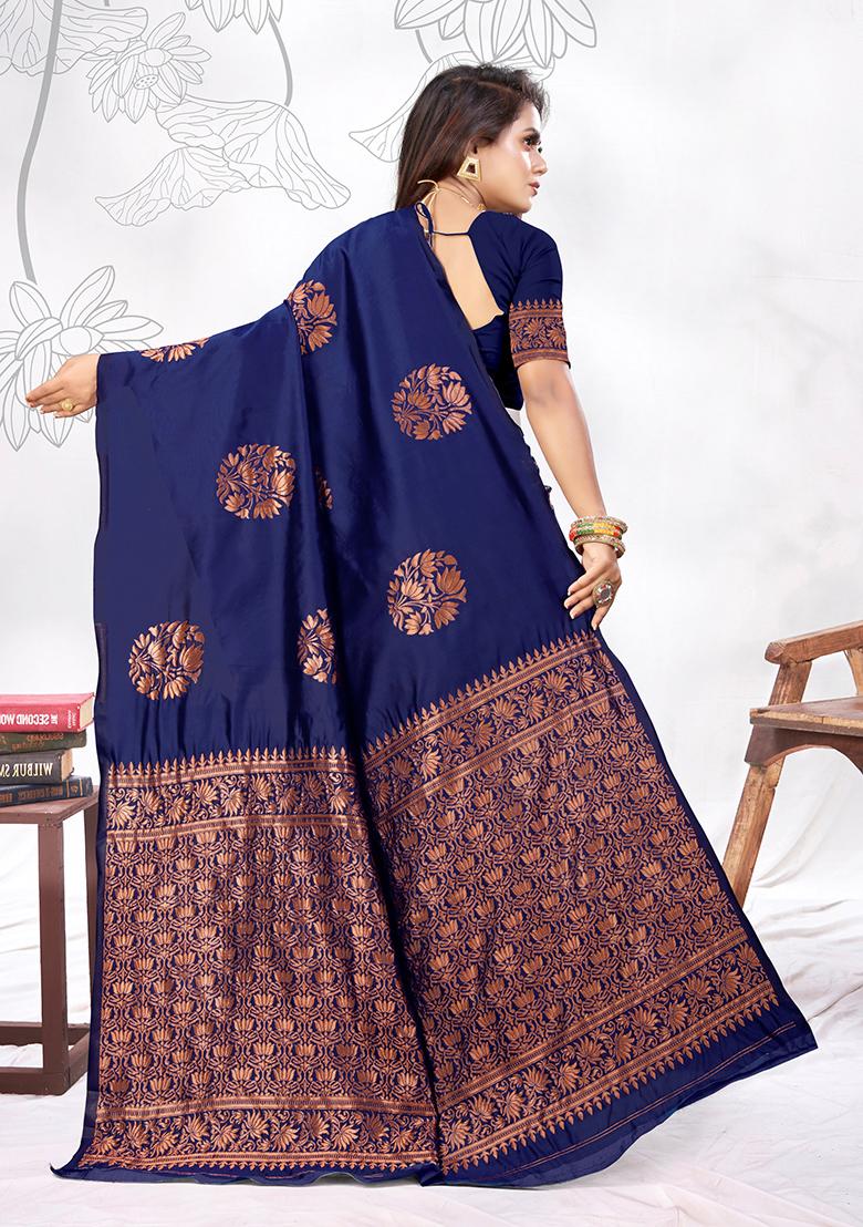 Navy Blue Jacquard Silk Saree Set
