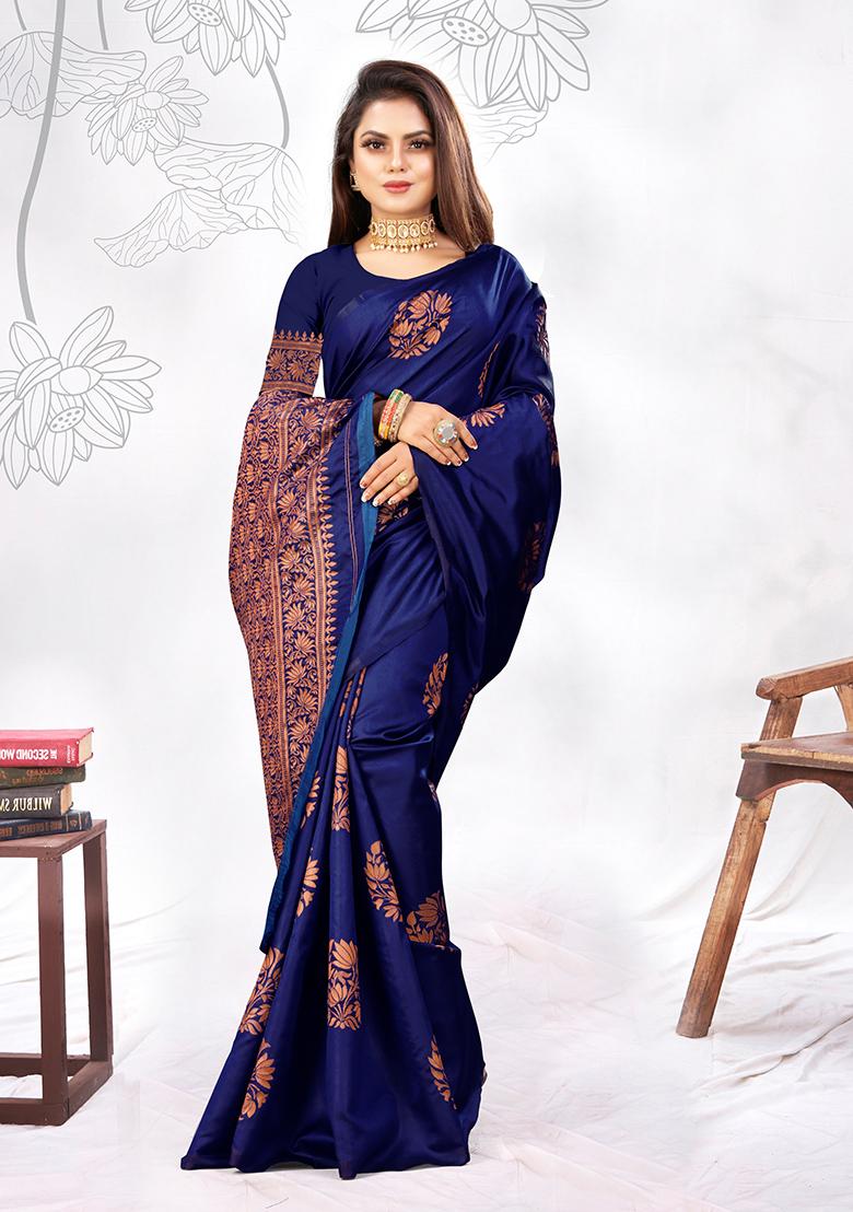 Navy Blue Jacquard Silk Saree Set