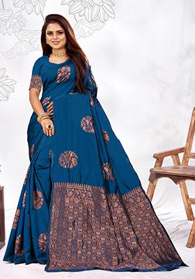 Rama Blue Jacquard Silk Saree Set