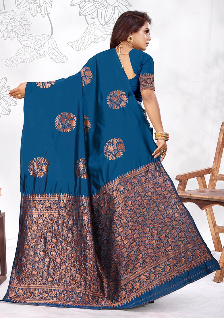 Rama Blue Jacquard Silk Saree Set
