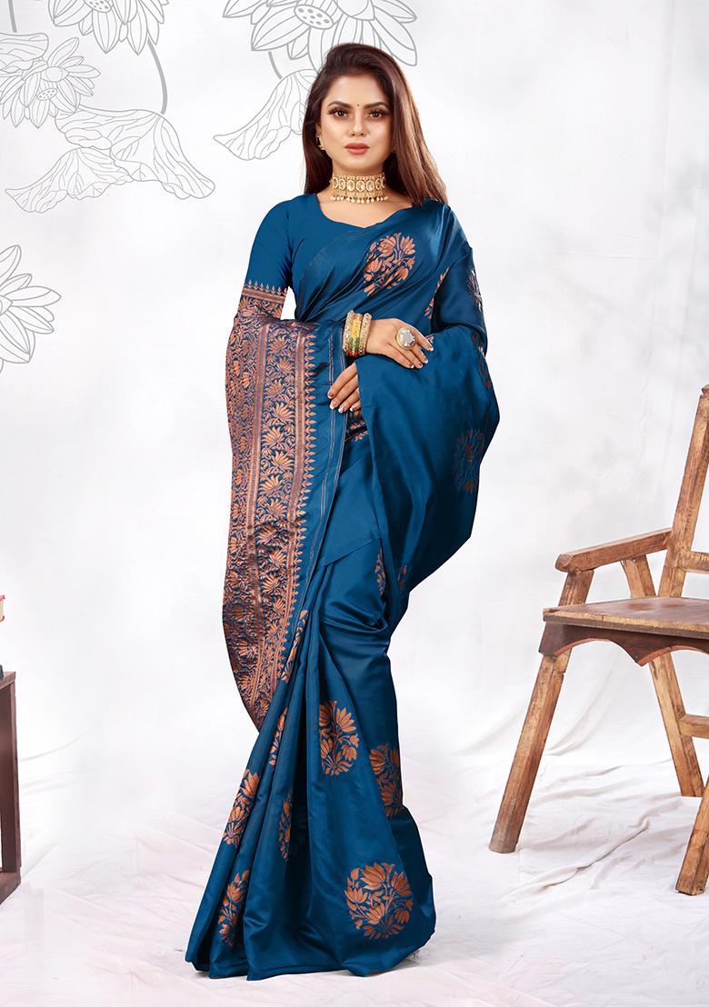Rama Blue Jacquard Silk Saree Set
