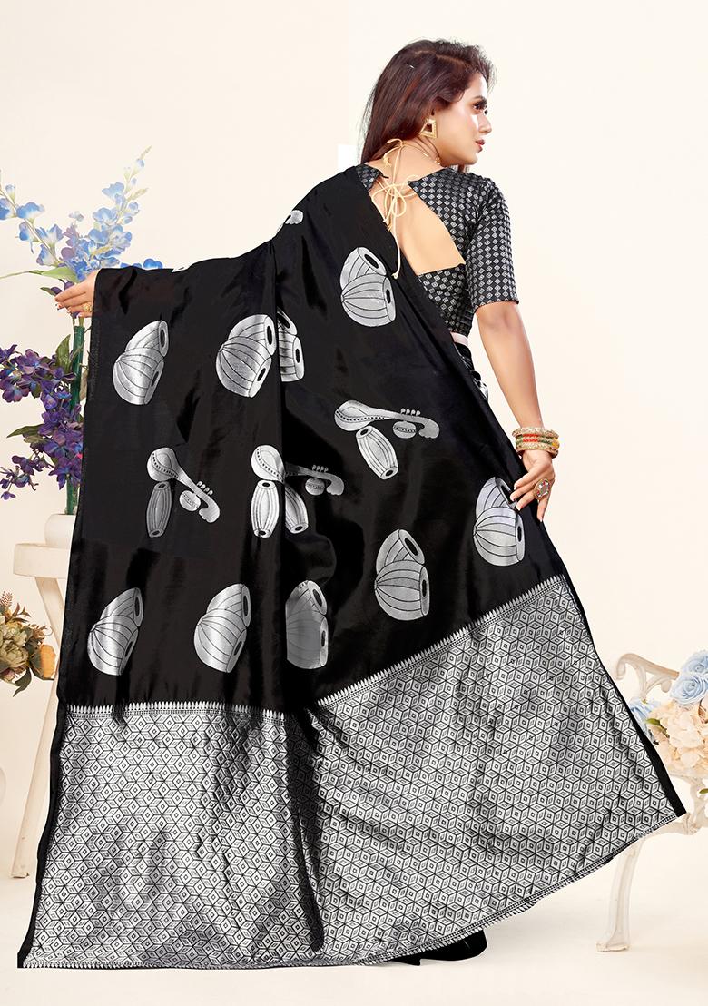 Black Jacquard Silk Saree Set