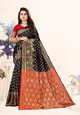 Black Jacquard Silk Saree Set