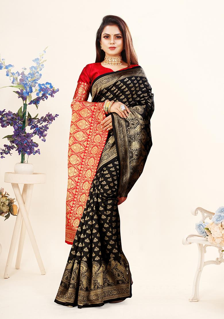 Black Jacquard Silk Saree Set