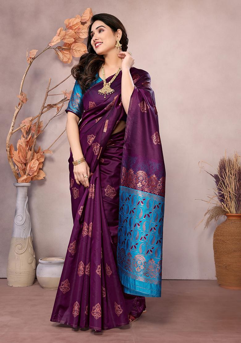 Wine Jacquard Silk Saree Set