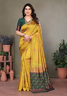 Mustard Yellow Jacquard Silk Saree Set