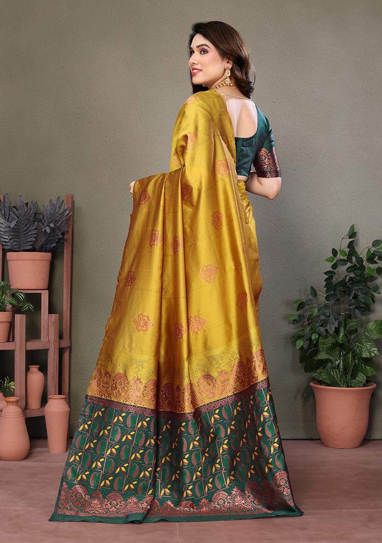 Mustard Yellow Jacquard Silk Saree Set