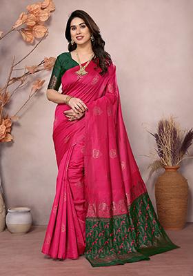 Pink Jacquard Silk Saree Set