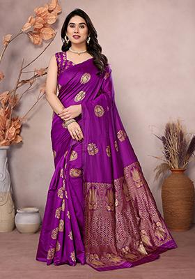Purple Jacquard Silk Saree Set