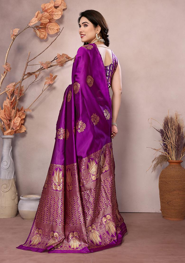 Purple Jacquard Silk Saree Set