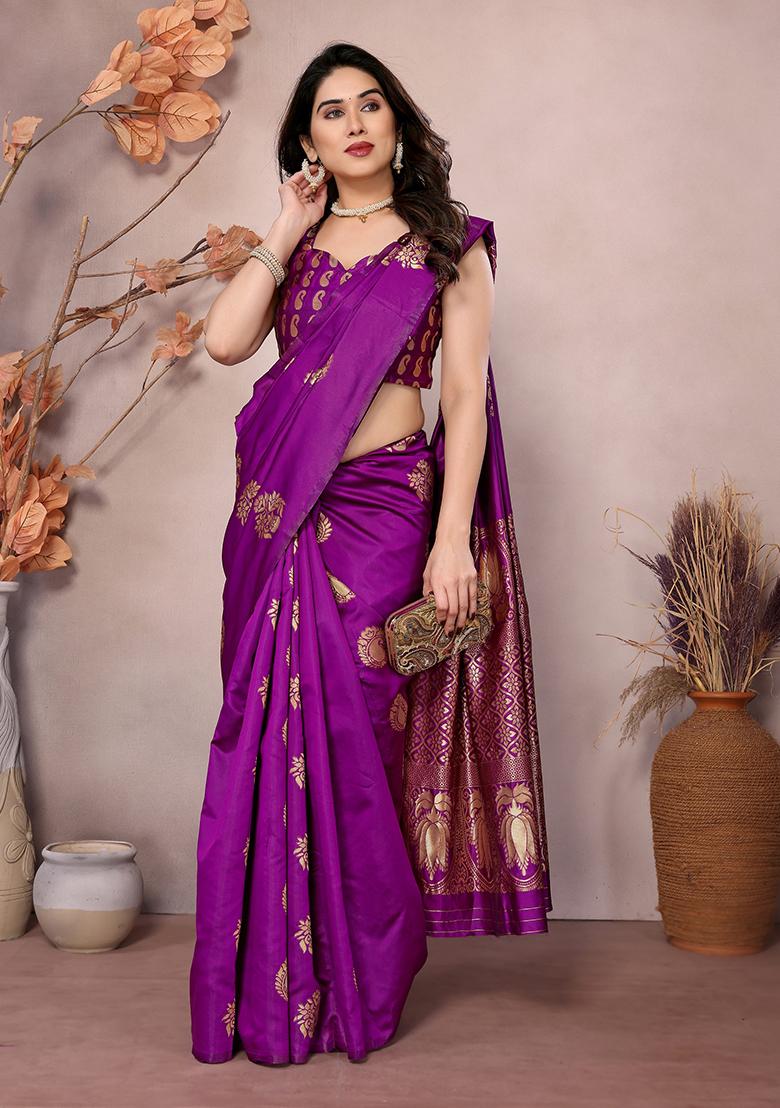 Purple Jacquard Silk Saree Set