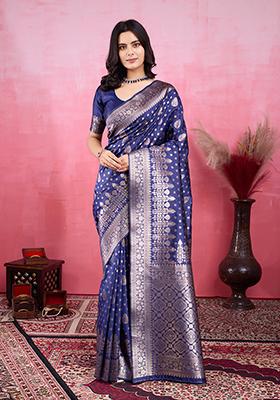 Navy Blue Jacquard Silk Saree Set