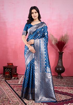 Rama Blue Jacquard Silk Saree Set