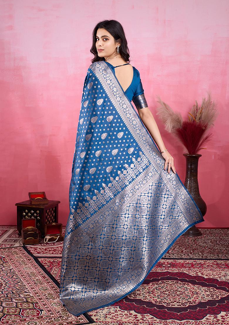 Rama Blue Jacquard Silk Saree Set
