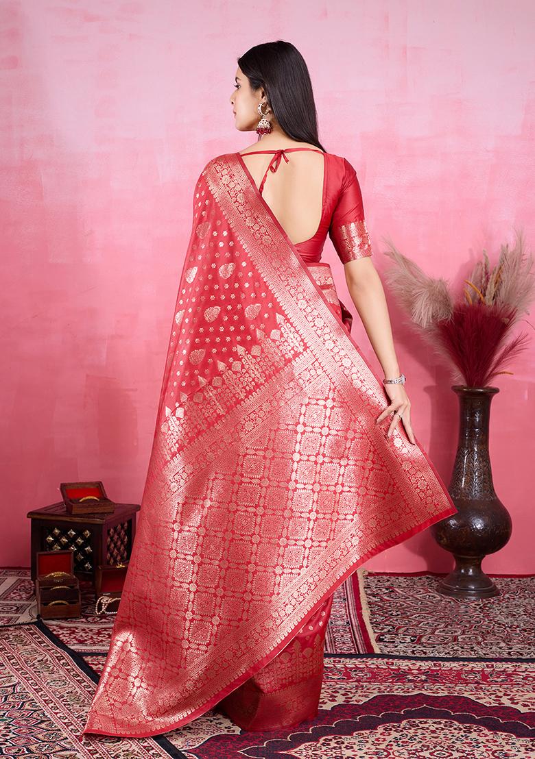 Red Jacquard Silk Saree Set
