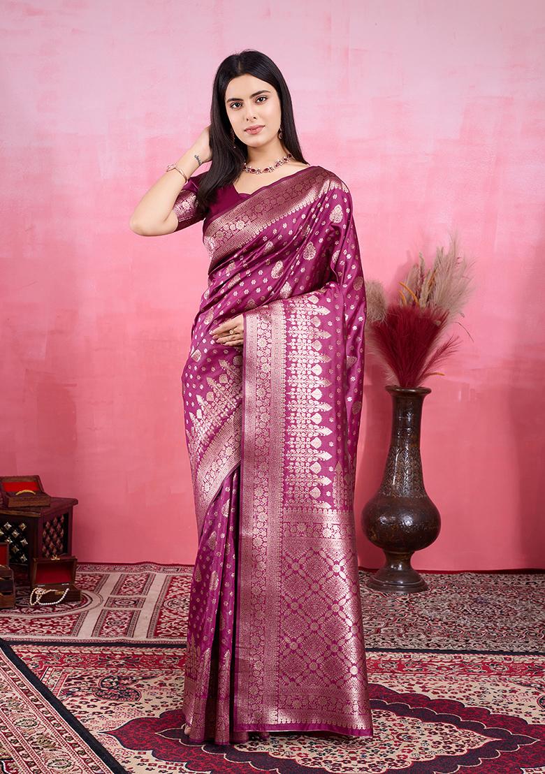 Wine Jacquard Silk Saree Set