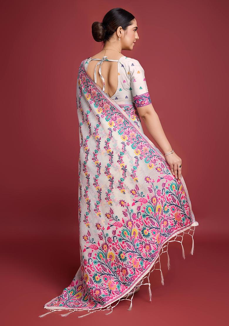 Pink Jacquard Cotton Saree Set