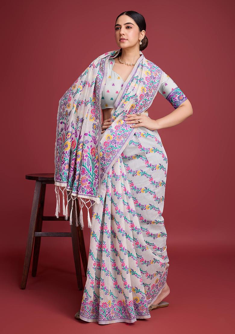 Purple Jacquard Cotton Saree Set