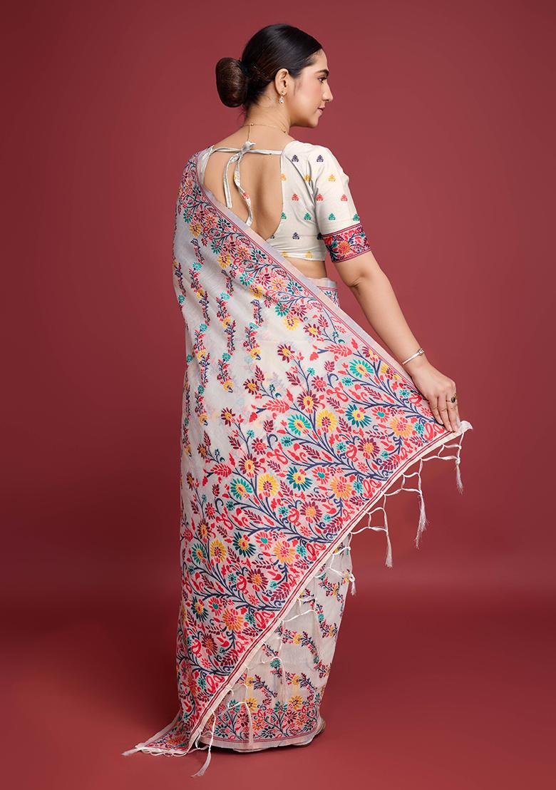 Red Jacquard Cotton Saree Set