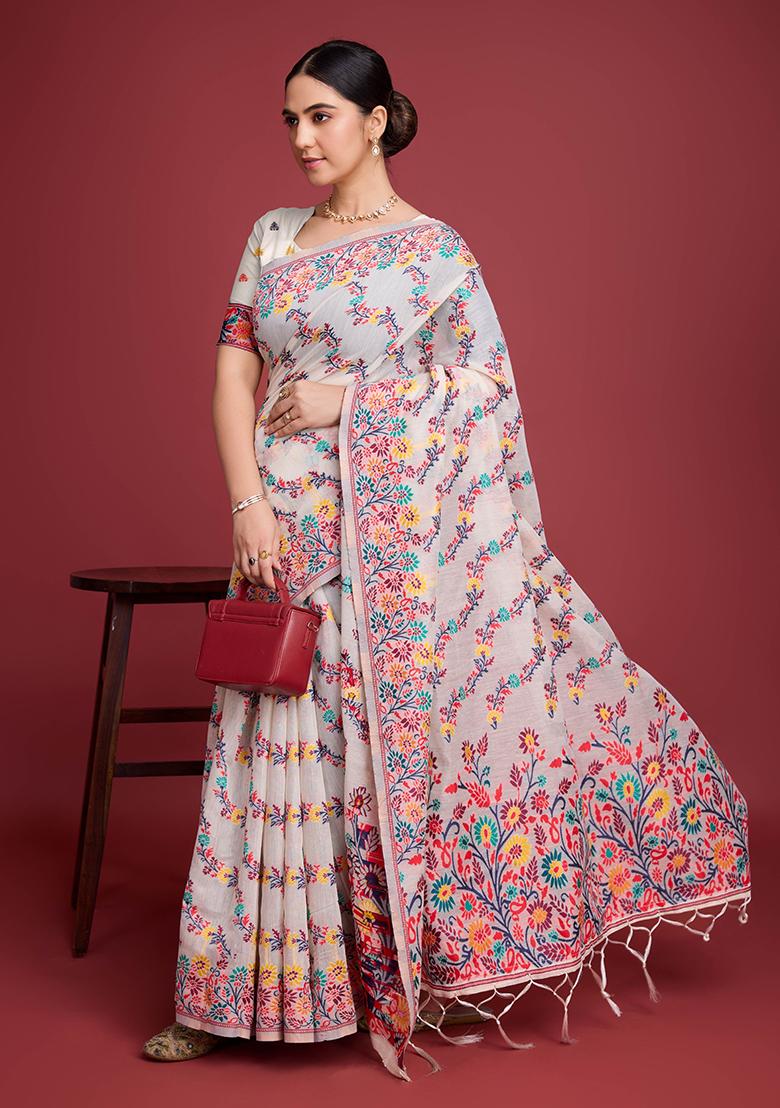 Red Jacquard Cotton Saree Set